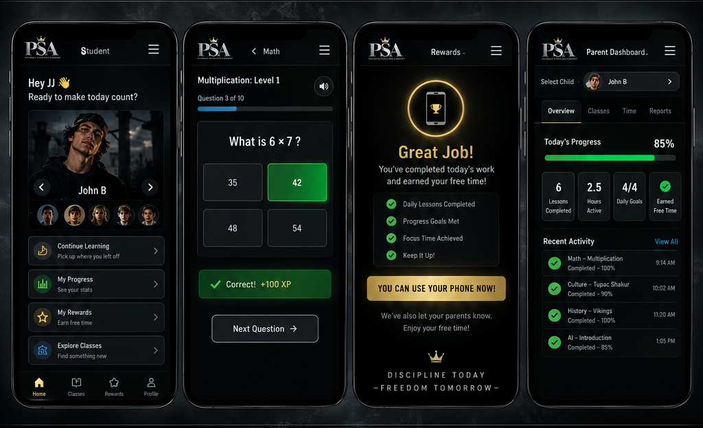 Four illustrated PSA mobile screens: student dashboard, multiplication, daily reward, and parent progress dashboard